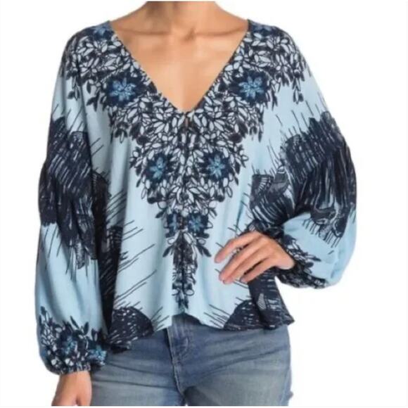 Free People Birds Of A Feather Top Blue Medium - Picture 1 of 7